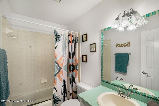 full bathroom with shower / tub combo, a notable chandelier, vanity, and toilet