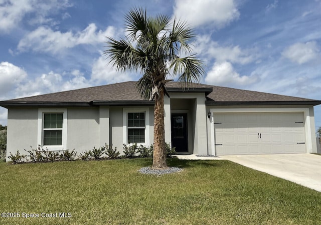 view of front of house with concrete driveway, a garage, a front yard, and stucco siding