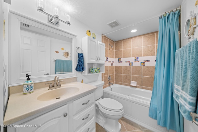 bathroom with tile patterned floors, visible vents, shower / tub combo with curtain, toilet, and vanity