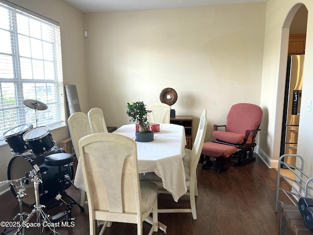 dining room with baseboards, arched walkways, plenty of natural light, and dark wood-style floors