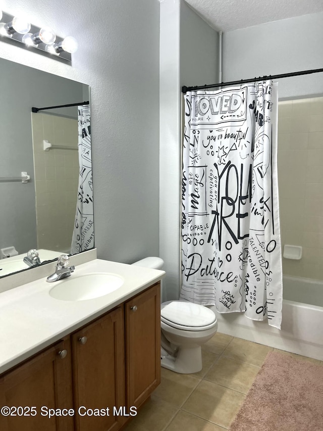 full bathroom featuring vanity, shower / bath combo, a textured ceiling, tile patterned floors, and toilet