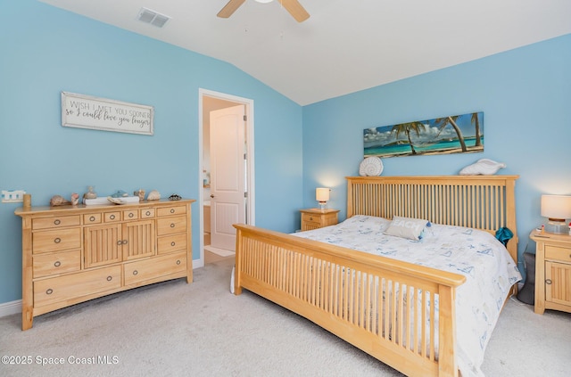 carpeted bedroom featuring baseboards, visible vents, a ceiling fan, and lofted ceiling