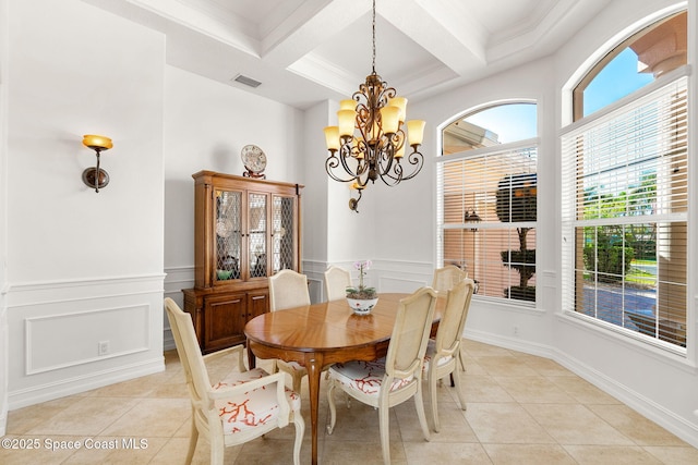 3338 Cappio Dr, Melbourne, FL 32940 - dining space featuring an inviting chandelier, light tile patterned floors, visible vents, beam ceiling, and coffered ceiling