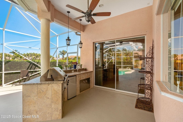 3338 Cappio Dr, Melbourne, FL 32940 - view of patio / terrace with exterior kitchen, a sink, glass enclosure, and a ceiling fan