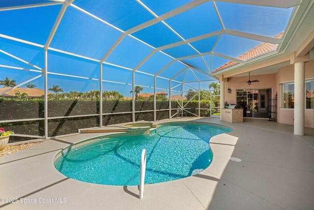 3338 Cappio Dr, Melbourne, FL 32940 - view of swimming pool featuring a patio, a pool with connected hot tub, a lanai, and ceiling fan