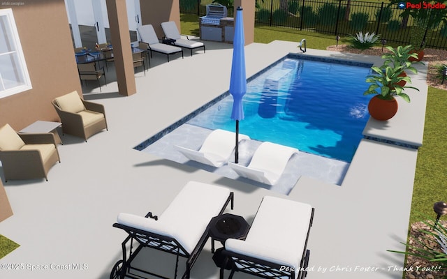 view of pool with fence, a patio, a fenced in pool, and area for grilling