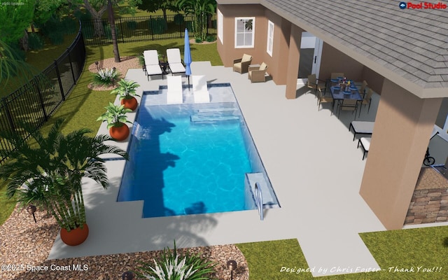 view of swimming pool with a fenced in pool, fence, a patio area, a lawn, and outdoor dining area