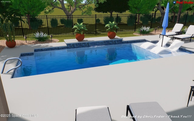 view of swimming pool featuring fence, a patio, and a fenced in pool