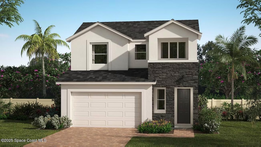 view of front facade featuring fence, stucco siding, a garage, stone siding, and decorative driveway