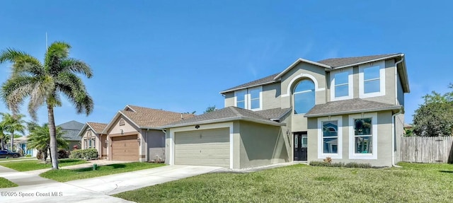 4026 Four Lakes Dr, Melbourne, FL 32940 - traditional-style house featuring fence, an attached garage, concrete driveway, a front yard, and stucco siding