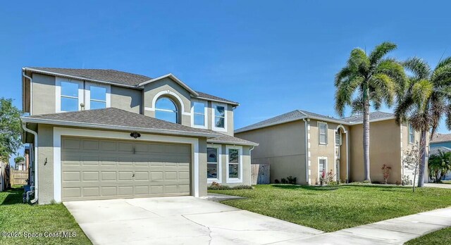 4026 Four Lakes Dr, Melbourne, FL 32940 - traditional-style home with stucco siding, driveway, a front yard, a garage, and a shingled roof