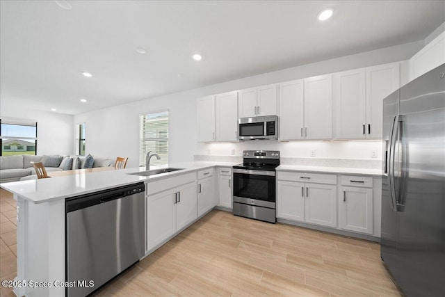 kitchen featuring a peninsula, plenty of natural light, a sink, stainless steel appliances, and light countertops