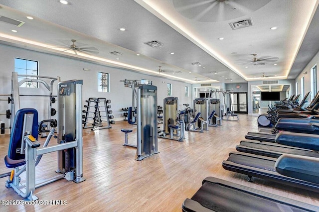 workout area featuring visible vents, a raised ceiling, wood finished floors, and a ceiling fan