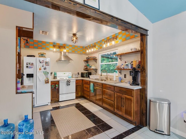 kitchen featuring open shelves, a sink, wall chimney range hood, white appliances, and light countertops