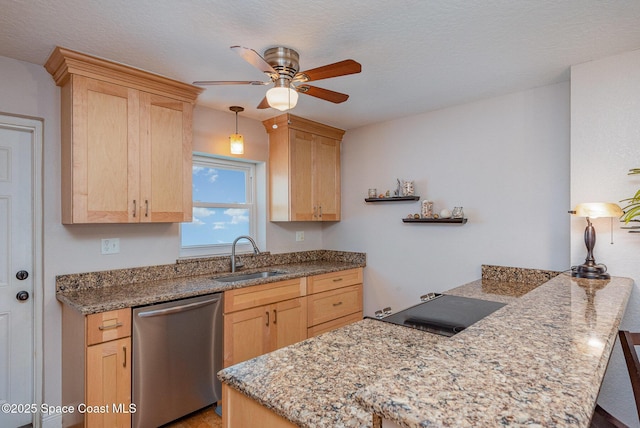 kitchen featuring light brown cabinetry, a sink, stainless steel dishwasher, a peninsula, and ceiling fan