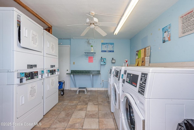 common laundry area featuring stacked washer and clothes dryer, ceiling fan, and separate washer and dryer