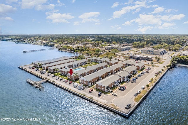 drone / aerial view featuring a water view