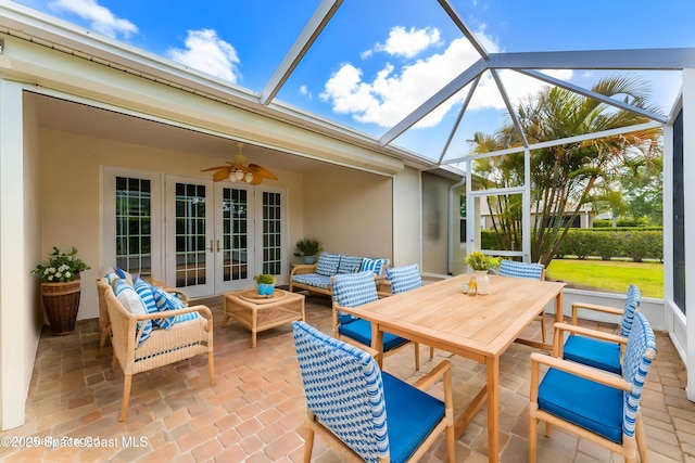 3980 Funston Cir, Melbourne, FL 32940 - view of patio / terrace with ceiling fan, outdoor lounge area, french doors, and glass enclosure