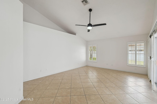 spare room featuring visible vents, high vaulted ceiling, ceiling fan, and light tile patterned floors