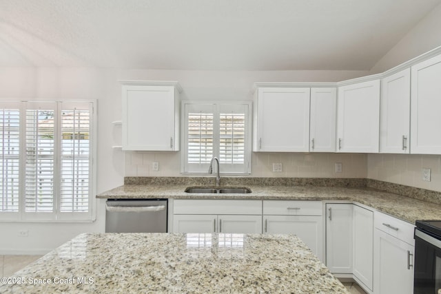 kitchen featuring open shelves, a sink, decorative backsplash, dishwasher, and white cabinets