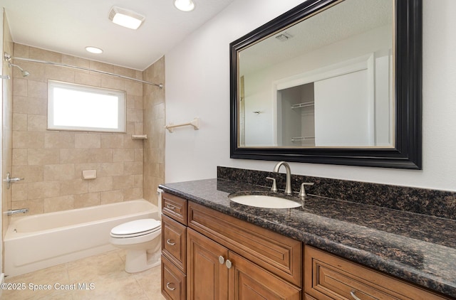 full bathroom featuring toilet, recessed lighting, tile patterned flooring, bathtub / shower combination, and vanity