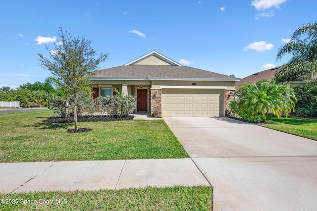 ranch-style home featuring stucco siding, driveway, an attached garage, and a front yard