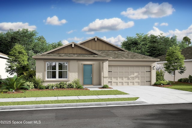 ranch-style house with stucco siding, driveway, a front yard, a shingled roof, and a garage