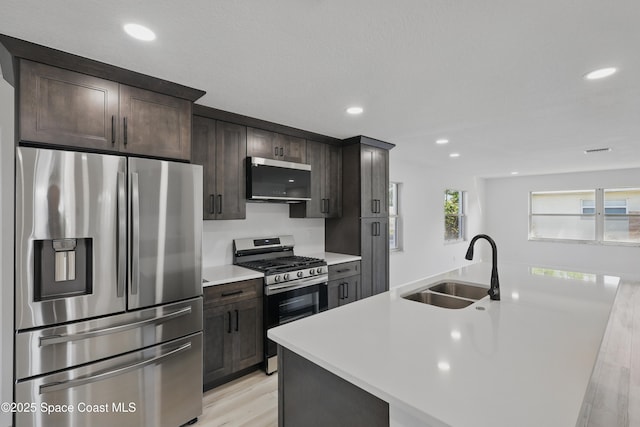 kitchen with a kitchen island with sink, light wood-style flooring, a sink, stainless steel appliances, and light countertops