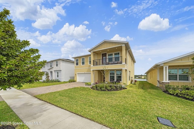 715 Veridian Cir NW, Palm Bay, FL 32907 - view of front facade with a balcony, decorative driveway, a garage, a front lawn, and stucco siding