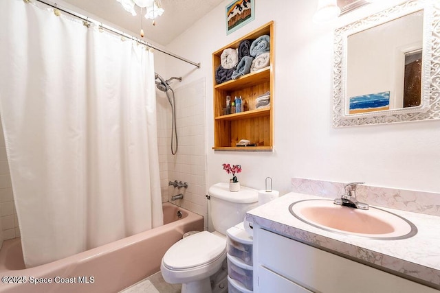 bathroom with toilet, vanity, and shower / bathtub combination with curtain