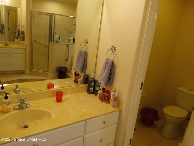 bathroom featuring tile patterned floors, toilet, a stall shower, and vanity