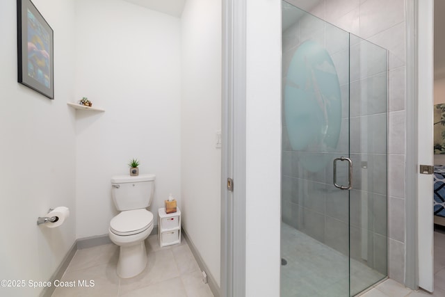 full bathroom with tile patterned flooring, toilet, baseboards, and a stall shower