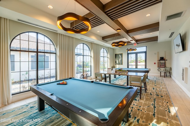 game room with pool table, light tile patterned flooring, visible vents, and coffered ceiling