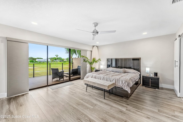 bedroom featuring a ceiling fan, baseboards, light wood finished floors, recessed lighting, and access to outside