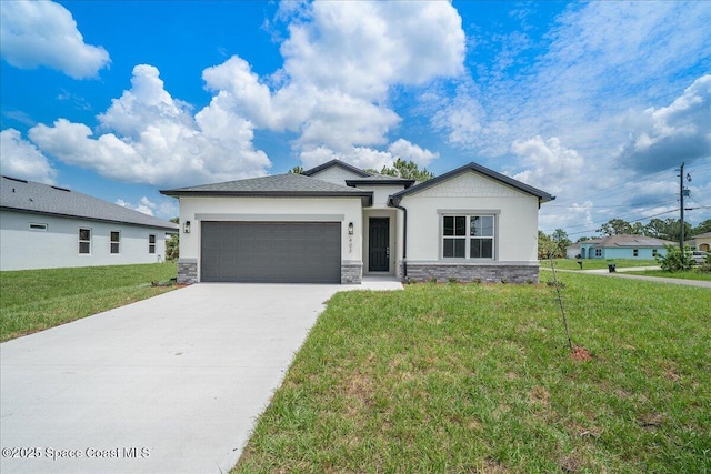403 Fonsica St, Palm Bay, FL 32908 - view of front facade with a garage, stone siding, stucco siding, and a front yard