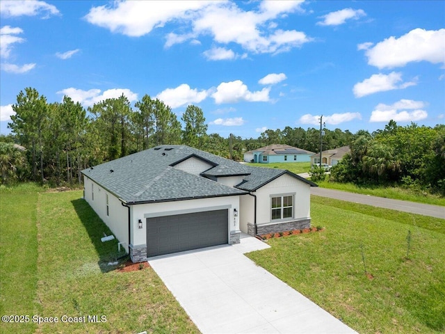 403 Fonsica St, Palm Bay, FL 32908 - ranch-style home with stone siding, an attached garage, a front lawn, and driveway