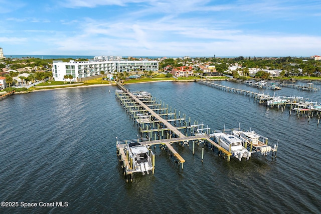 birds eye view of property featuring a water view