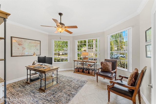 366 Gardendale Cir SE, Palm Bay, FL 32909 - office area with crown molding, a ceiling fan, and plenty of natural light