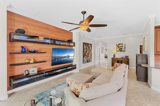 366 Gardendale Cir SE, Palm Bay, FL 32909 - living area with arched walkways, ceiling fan, baseboards, and ornamental molding