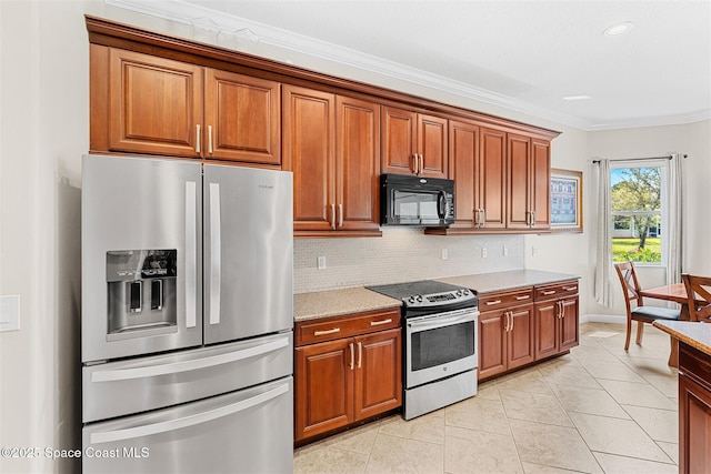 366 Gardendale Cir SE, Palm Bay, FL 32909 - kitchen featuring brown cabinets, stainless steel appliances, backsplash, and crown molding