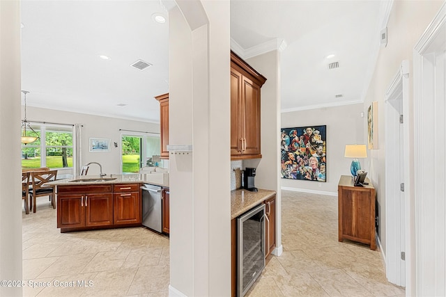 366 Gardendale Cir SE, Palm Bay, FL 32909 - kitchen featuring visible vents, a peninsula, dishwasher, ornamental molding, and wine cooler