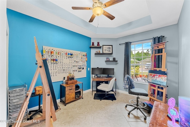 366 Gardendale Cir SE, Palm Bay, FL 32909 - office area featuring baseboards, ceiling fan, and a raised ceiling