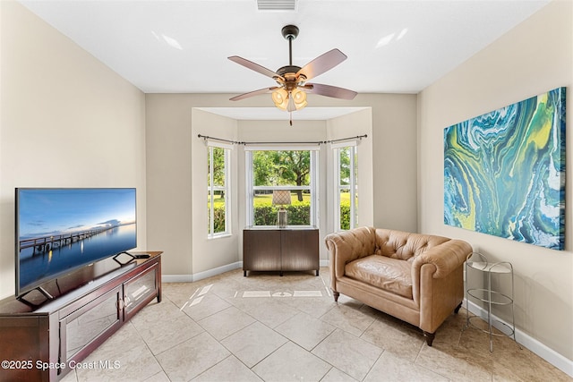 366 Gardendale Cir SE, Palm Bay, FL 32909 - living area featuring baseboards, visible vents, ceiling fan, and light tile patterned floors