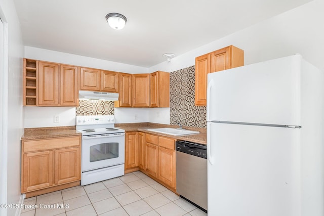 2880 Fountainhead Blvd, Melbourne, FL 32935 - kitchen featuring white appliances, under cabinet range hood, a sink, and decorative backsplash