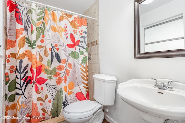 2880 Fountainhead Blvd, Melbourne, FL 32935 - bathroom with a sink, a shower with shower curtain, toilet, and baseboards