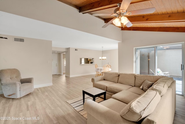 living area with visible vents, ceiling fan with notable chandelier, wooden ceiling, light wood finished floors, and baseboards