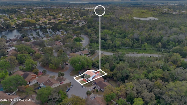 aerial view featuring a wooded view and a water view