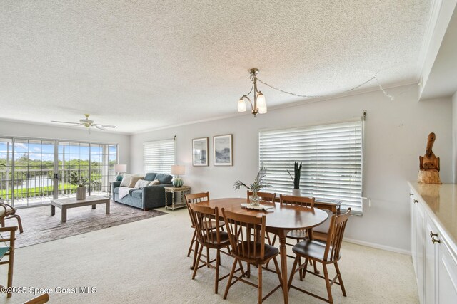 540 S Brevard Ave Unit 427, Cocoa Beach, FL 32931 - dining area with a textured ceiling, a ceiling fan, ornamental molding, and light colored carpet