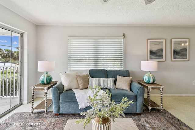 540 S Brevard Ave Unit 427, Cocoa Beach, FL 32931 - carpeted living room featuring a textured ceiling and crown molding