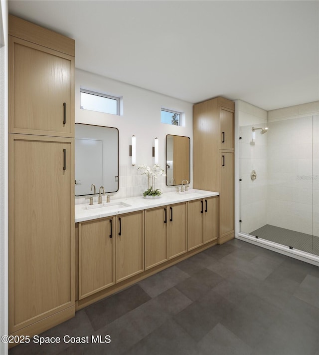1002 E Robinson St Unit 1, Orlando, FL 32801 - bathroom with double vanity, decorative backsplash, a stall shower, and a sink